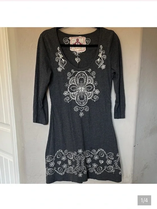 Johnny Was Dark Gray Long Sleeve Embroidered Tunic Dress - Picture 1 of 4